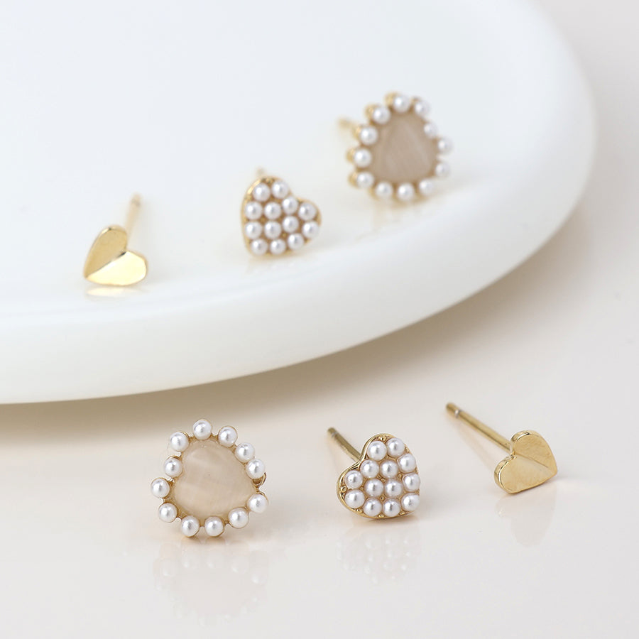 Faux Gold Pearl Heart Stud Earrings 3Pk