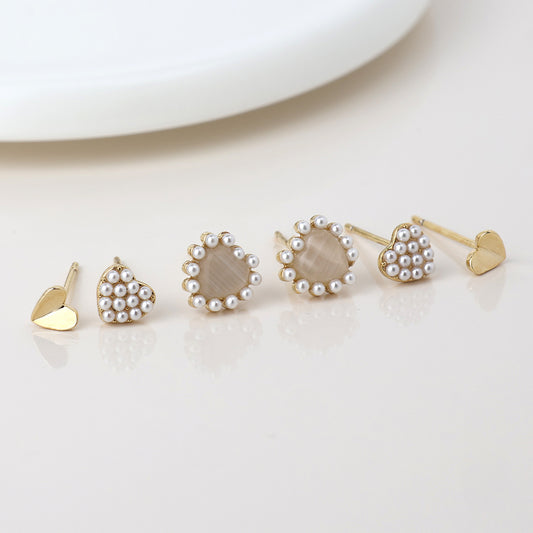 Faux Gold Pearl Heart Stud Earrings 3Pk