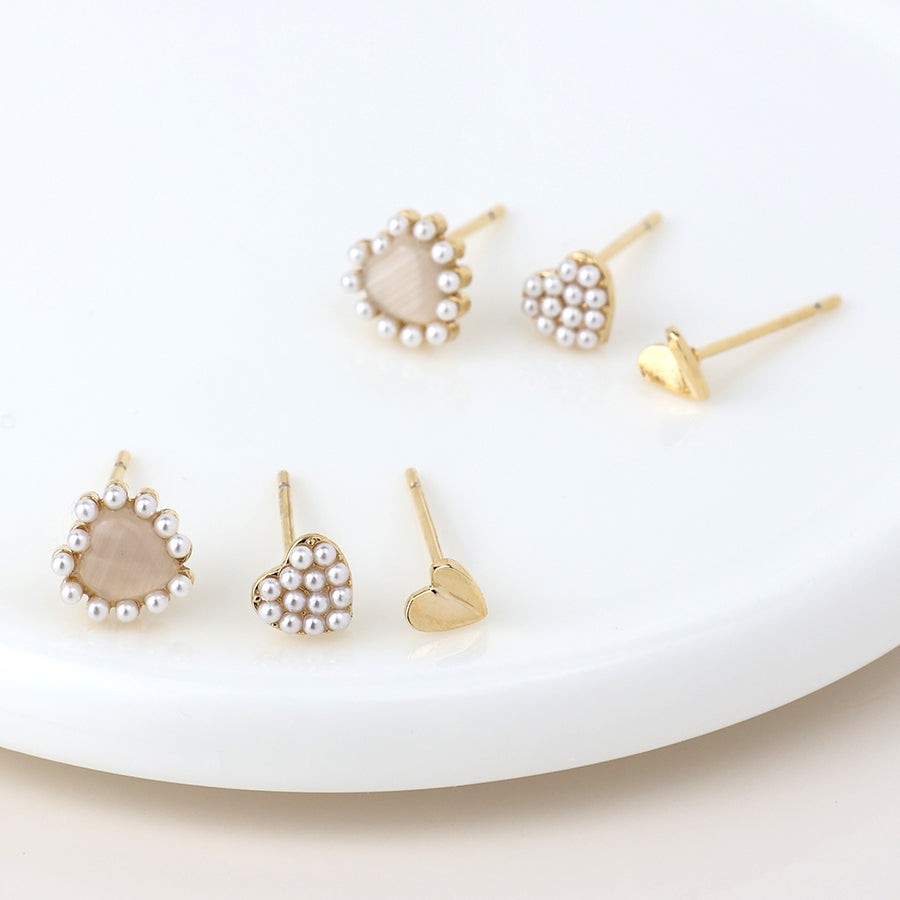 Faux Gold Pearl Heart Stud Earrings 3Pk