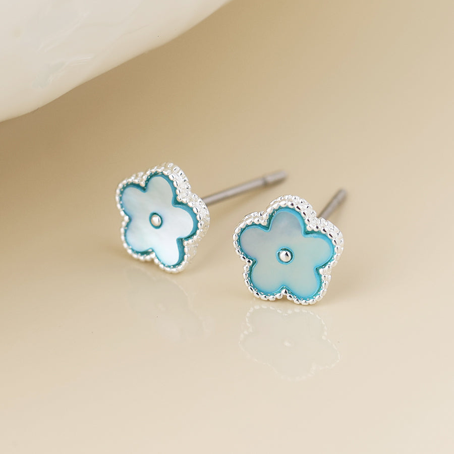 Silver Plated Blue MOP Flower Stud Earrings