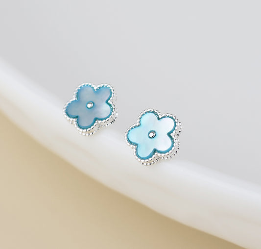 Silver Plated Blue MOP Flower Stud Earrings