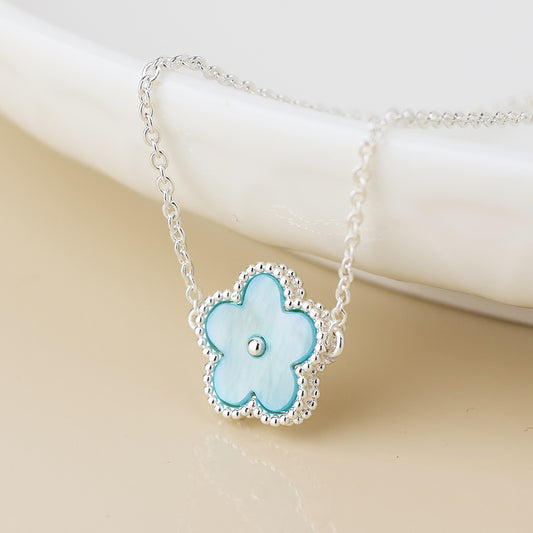 Silver Plated Blue MOP Flower Pendant Necklace