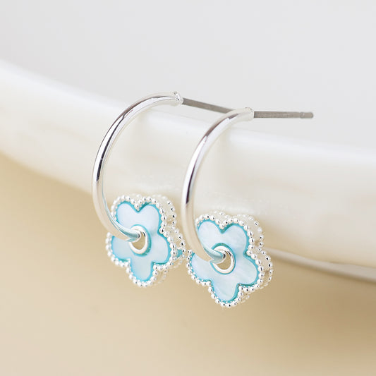 Silver Plated Blue MOP Flower Hoop Sleeper Earring