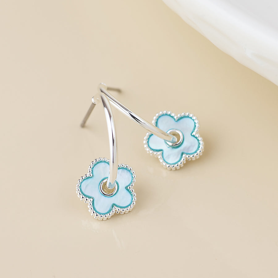 Silver Plated Blue MOP Flower Hoop Sleeper Earring