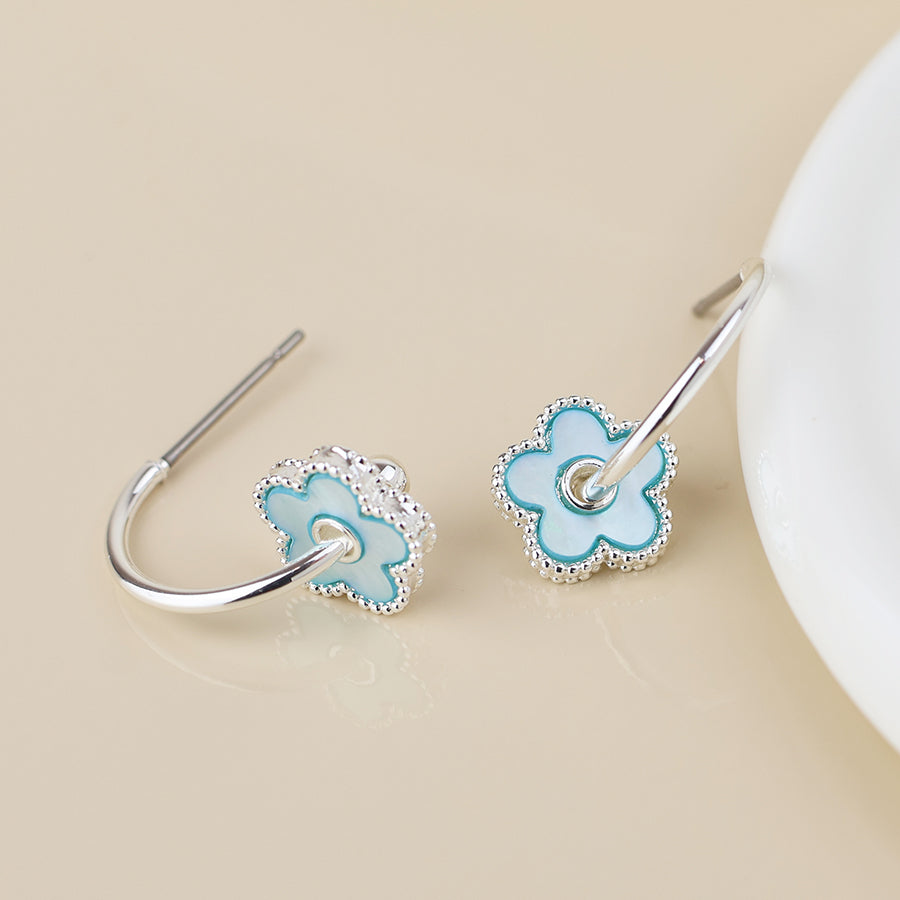 Silver Plated Blue MOP Flower Hoop Sleeper Earring