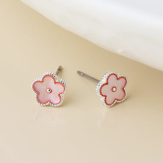 Silver Plated Pink MOP Flower Stud Earrings