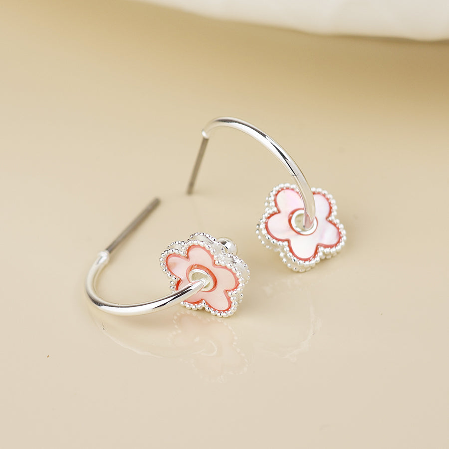 Silver Plated Pink MOP Flower Hoop Sleeper Earring