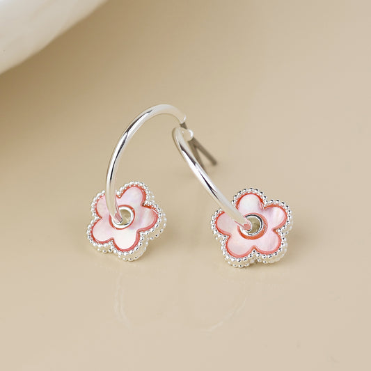 Silver Plated Pink MOP Flower Hoop Sleeper Earring
