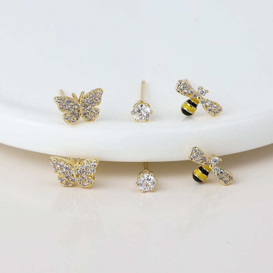 Gold Plated Butterfly & Bee Triple Pair Stud