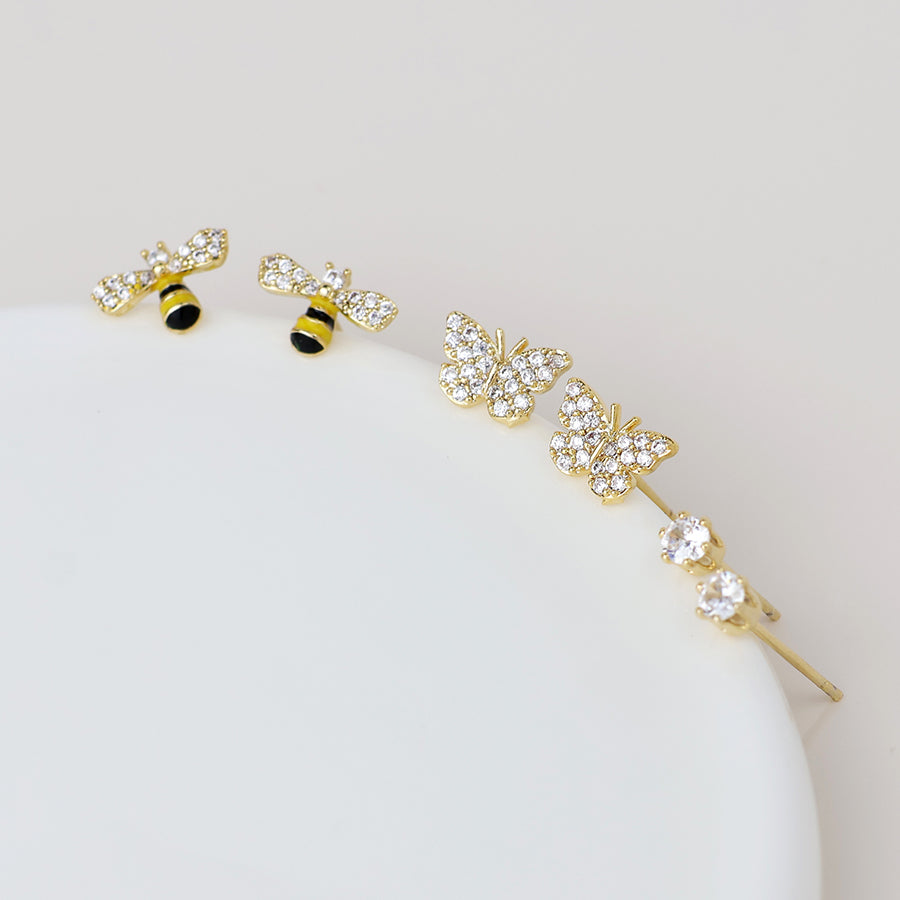 Gold Plated Butterfly & Bee Triple Pair Stud