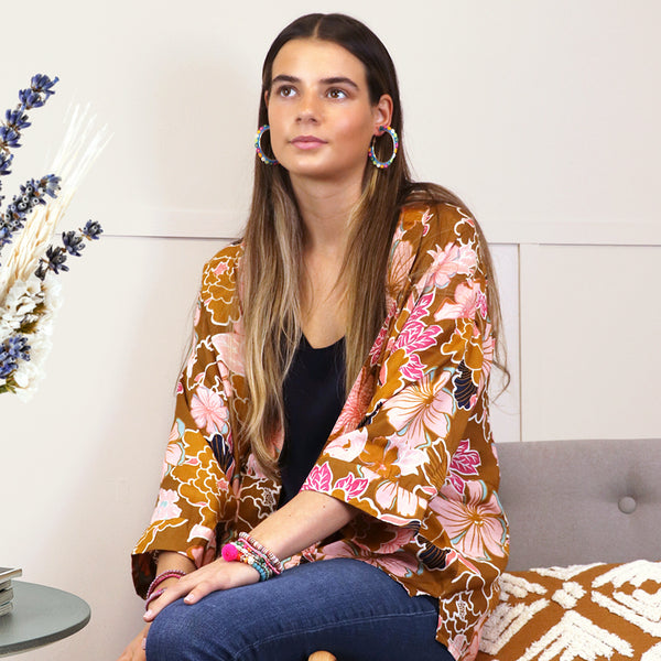 Deep ochre mix ornate floral print kimono