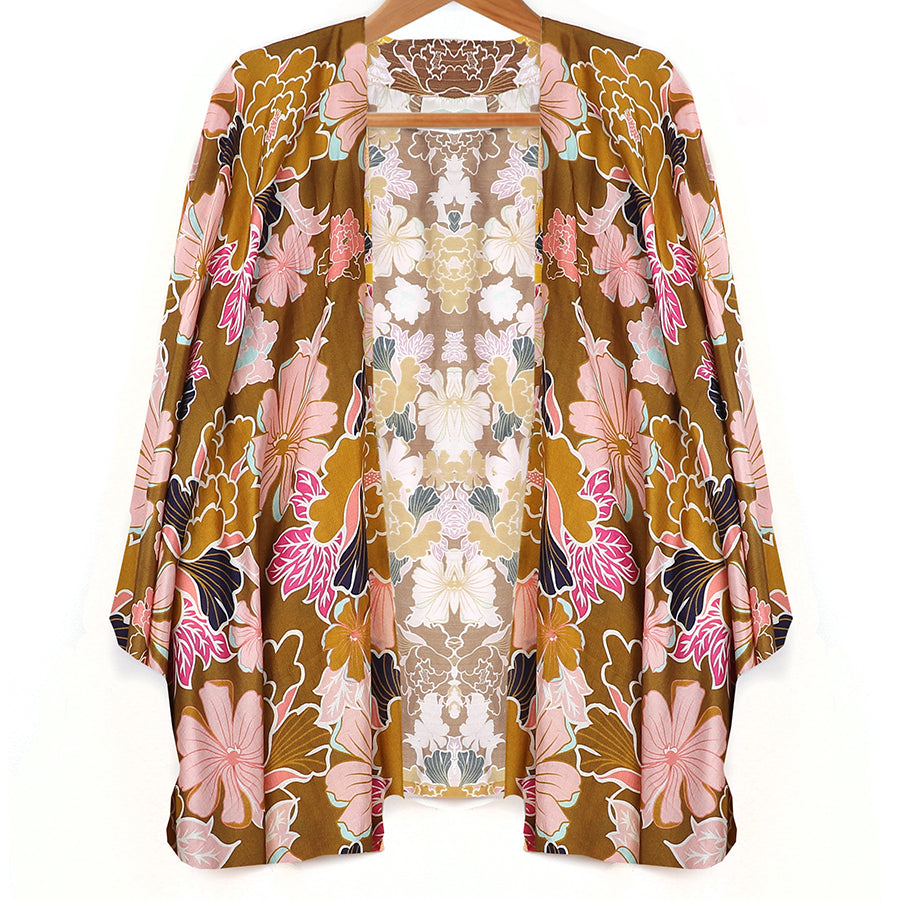 Deep ochre mix ornate floral print kimono