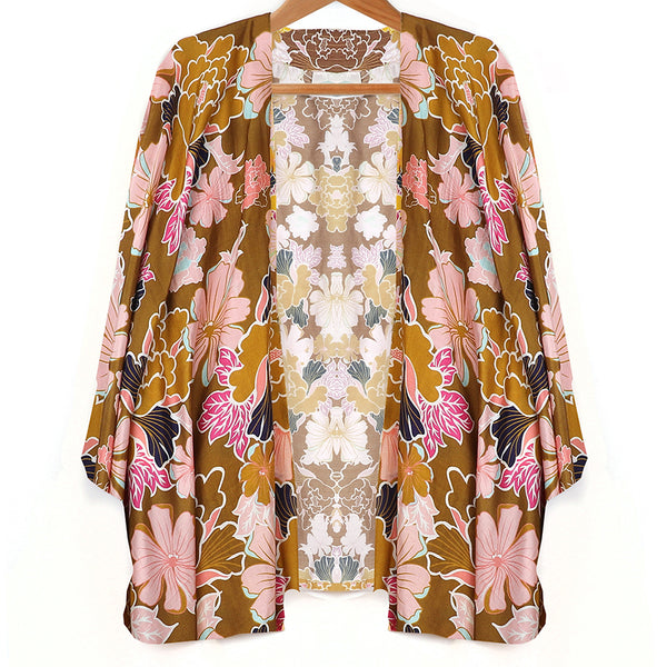 Deep ochre mix ornate floral print kimono