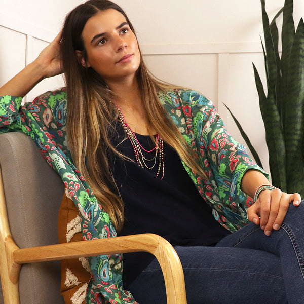 Long green mix oversize paisley print kimono