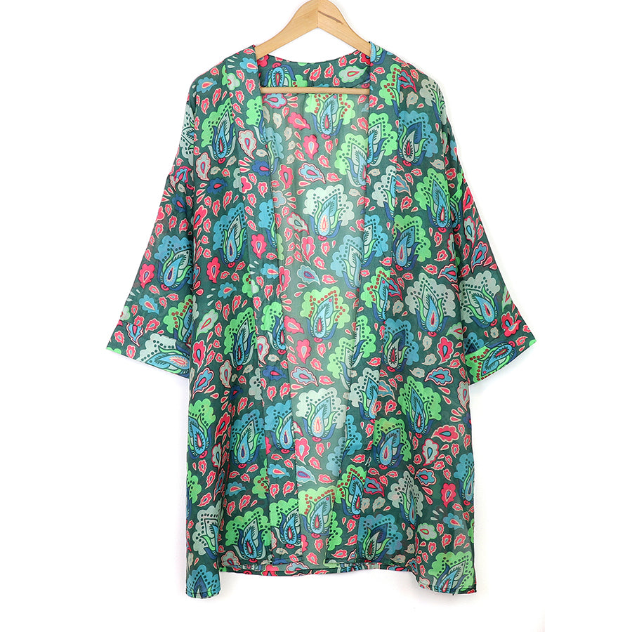 Long green mix oversize paisley print kimono