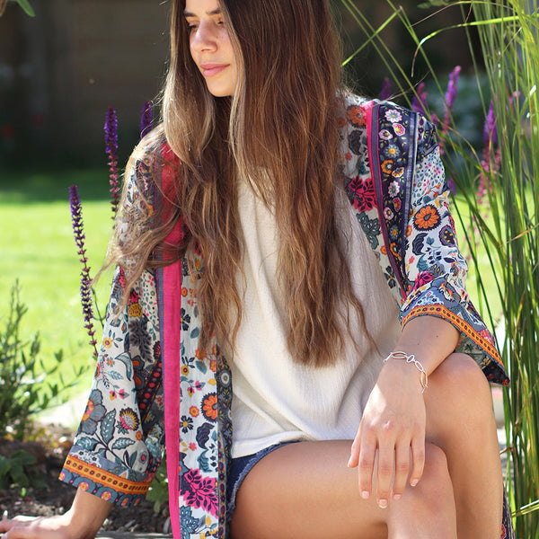 Long Blue & Pink Mix Ornate Floral &  Border Print Kimono