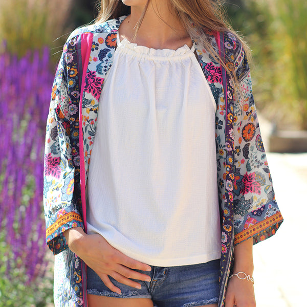 Long Blue & Pink Mix Ornate Floral &  Border Print Kimono