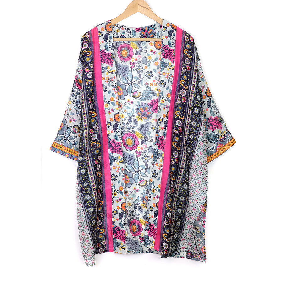 Long Blue & Pink Mix Ornate Floral &  Border Print Kimono