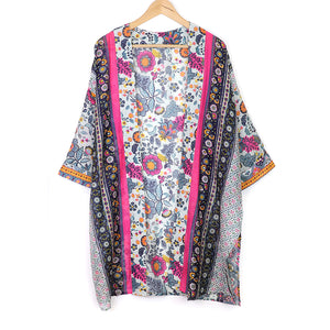 Long Blue & Pink Mix Ornate Floral &  Border Print Kimono