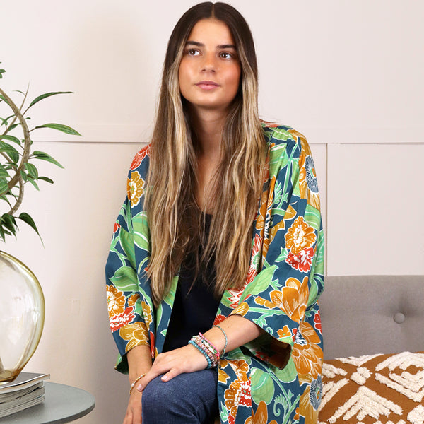 Long graphic floral blue and ochre print kimono