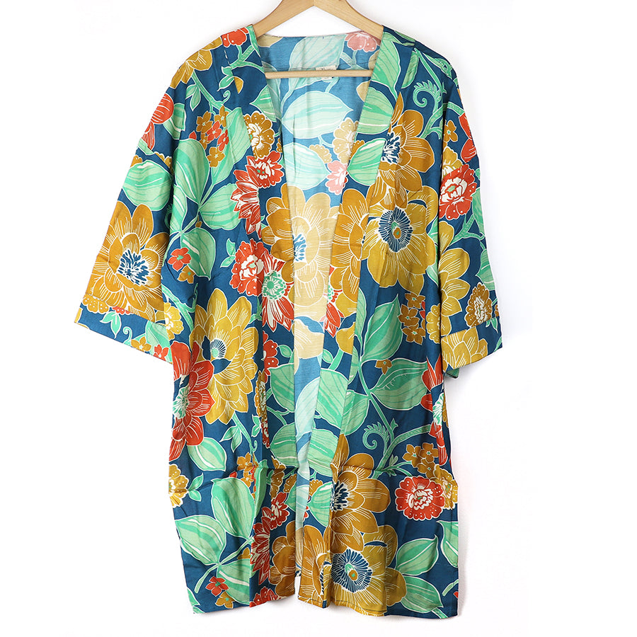 Long graphic floral blue and ochre print kimono