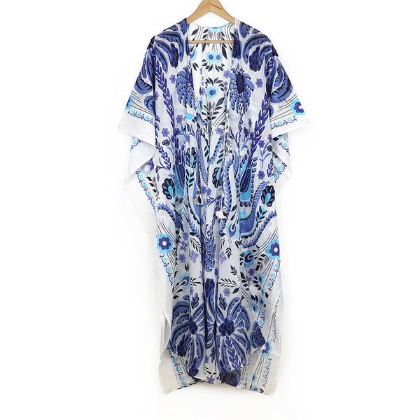 Blue and White Folksy Floral Print Kaftan