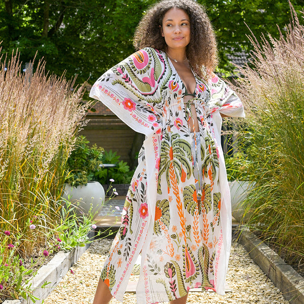 Ecru Earthy Mix Folksy Floral Print Kaftan