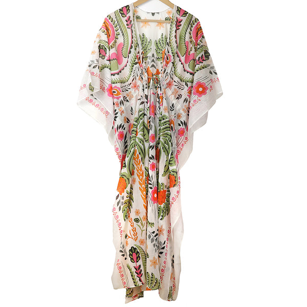 Ecru Earthy Mix Folksy Floral Print Kaftan