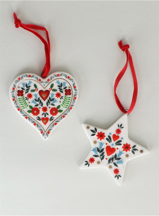Alpine White Ceramic Star/Heart Decoration