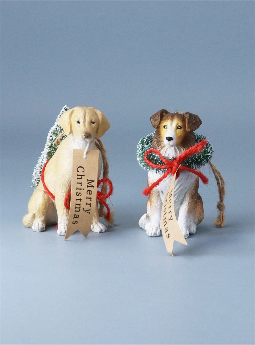 Resin Dog With Wreath/Tree & Tag Decoration