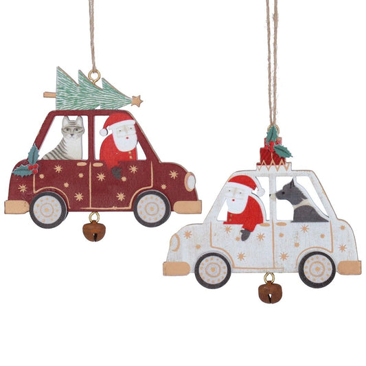 Wooden Car with Santa and Cat/Dog Decoration