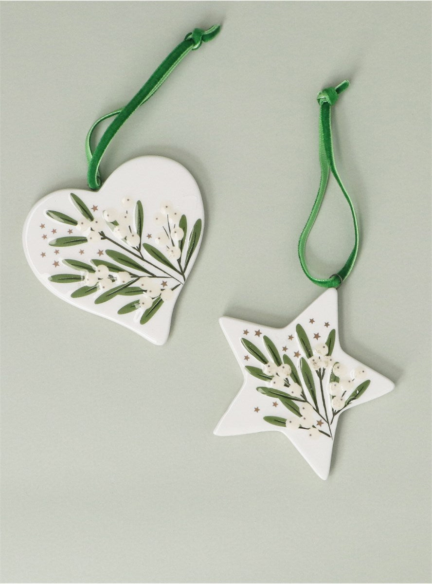 Ceramic Mistletoe Star/Heart Decoration