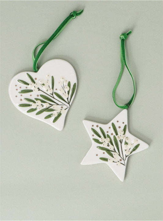 Ceramic Mistletoe Star/Heart Decoration