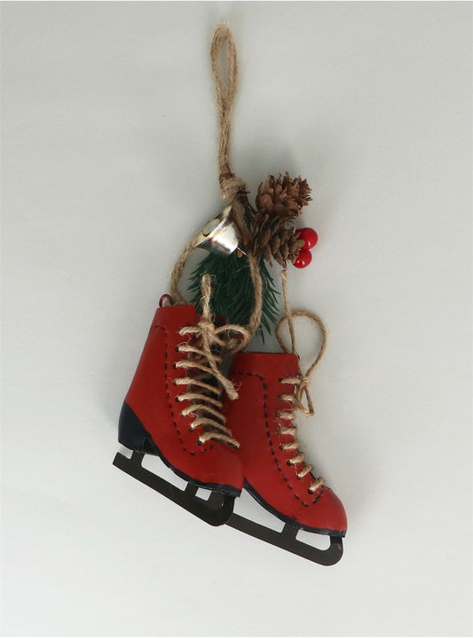 Red Metal Skate Boots Decoration With Fir & Bell