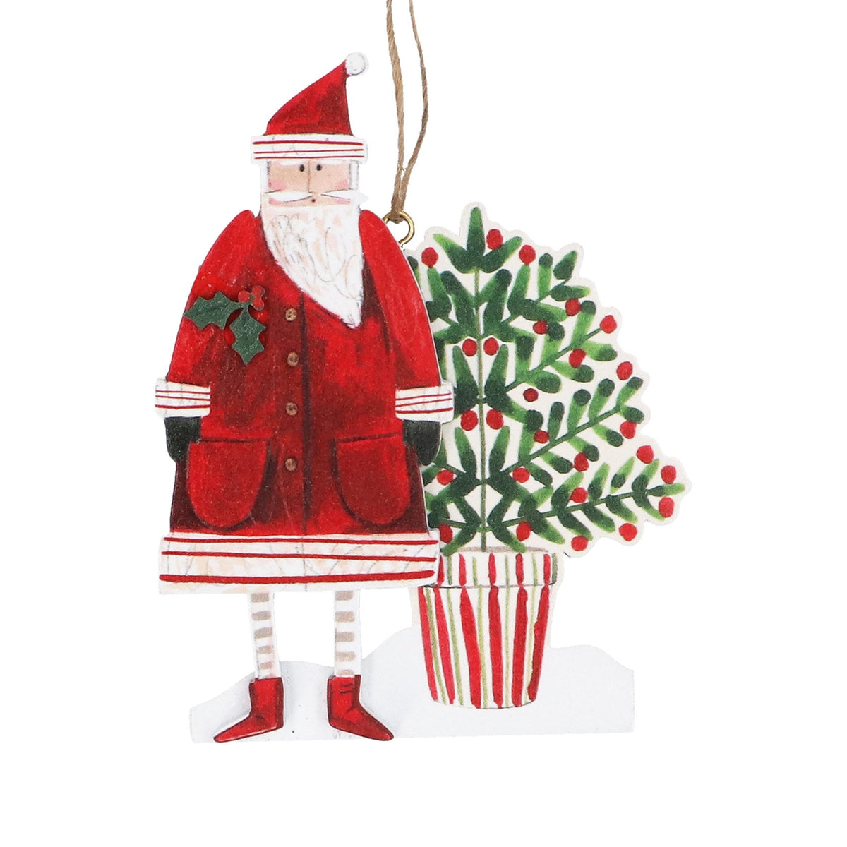 Wood Decoration 10cm Santa With Potted Tree