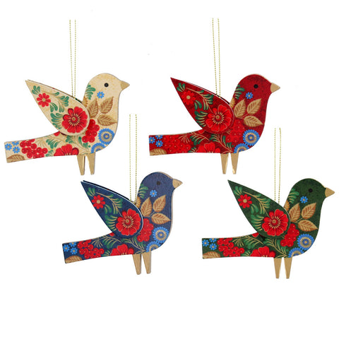 Wood Decorations | 8cm Folk Art Bird | 4 assorted