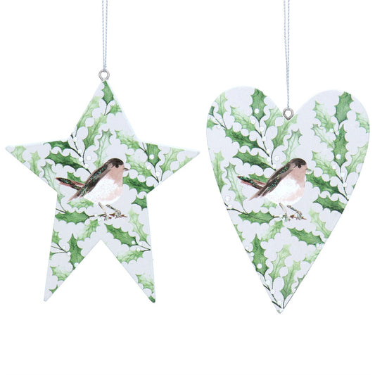 Wood star & heart with robin decorations