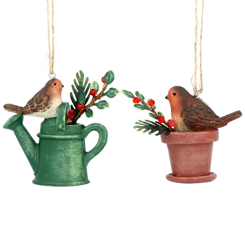 Resin Decorations | Robin on Watering Can/Pot | 2 assorted