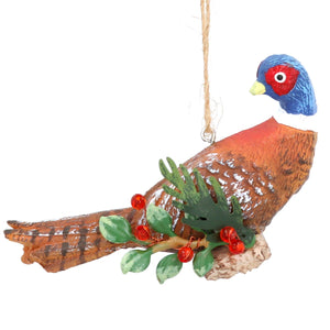 Resin pheasant on holly log dec