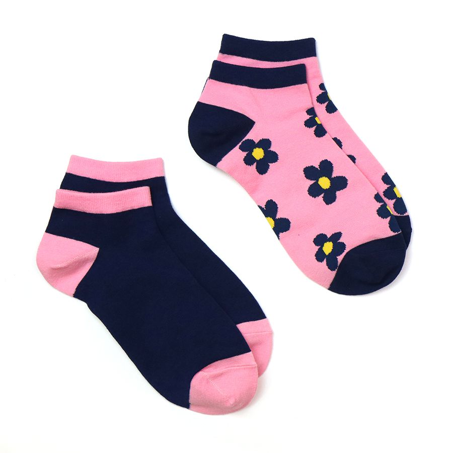 NAVY/PINK RETRO FLOWER PRINT 2 PAIR PACK TRAINER SOCKS