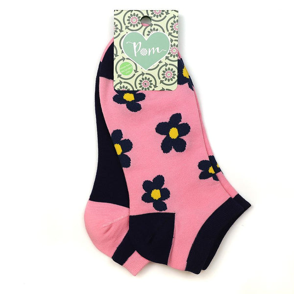 NAVY/PINK RETRO FLOWER PRINT 2 PAIR PACK TRAINER SOCKS