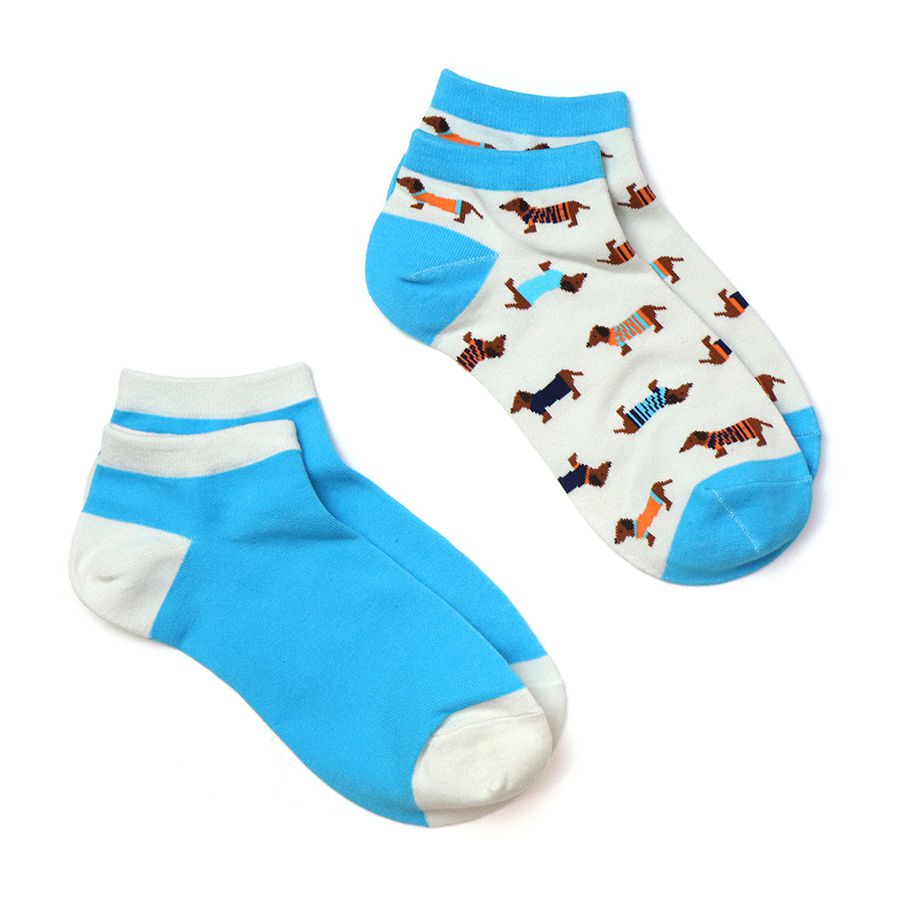 BLUE & WHITE SAUSAGE DOG 2 PAIR PACK TRAINER SOCKS