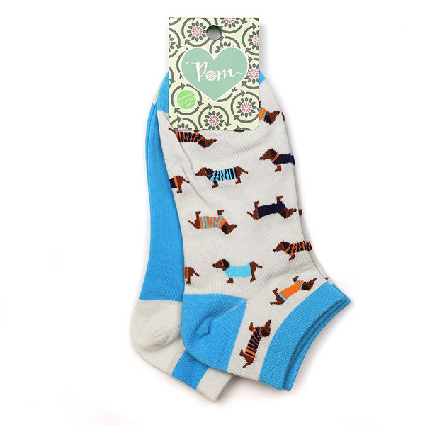 BLUE & WHITE SAUSAGE DOG 2 PAIR PACK TRAINER SOCKS