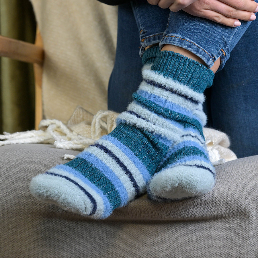 Blue Mix Striped Fluffy Textured Cosy Socks UK 4-7