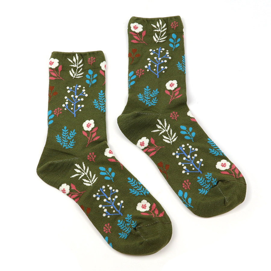 Khaki & Multi Floral Organic Cotton Socks UK 4-7