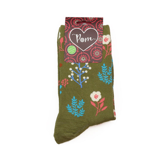 Khaki & Multi Floral Organic Cotton Socks UK 4-7