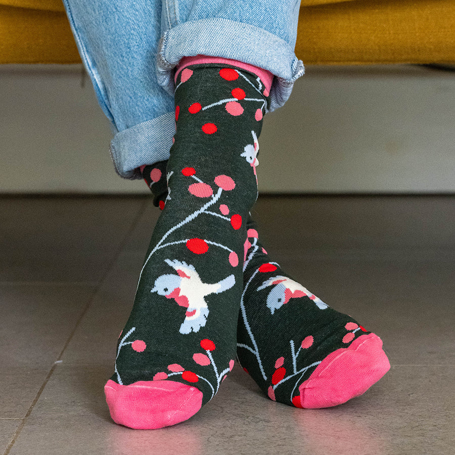 Pink/Green Cherry Bird Organic Cotton Socks UK 4-7