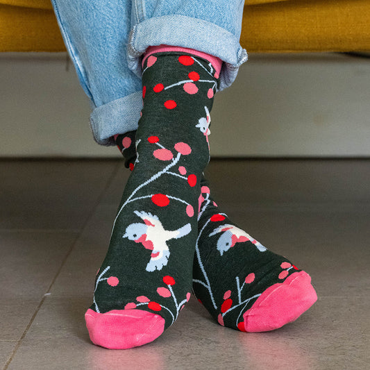Pink/Green Cherry Bird Organic Cotton Socks UK 4-7