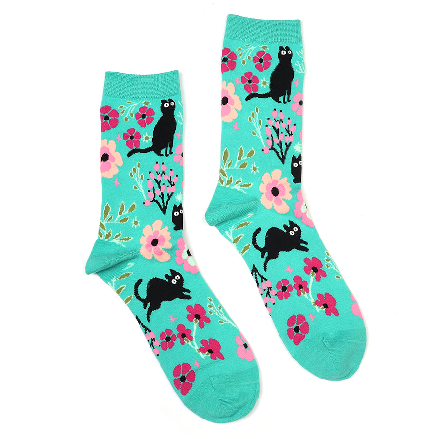 Turquoise Quirky Cats Ankle Socks
