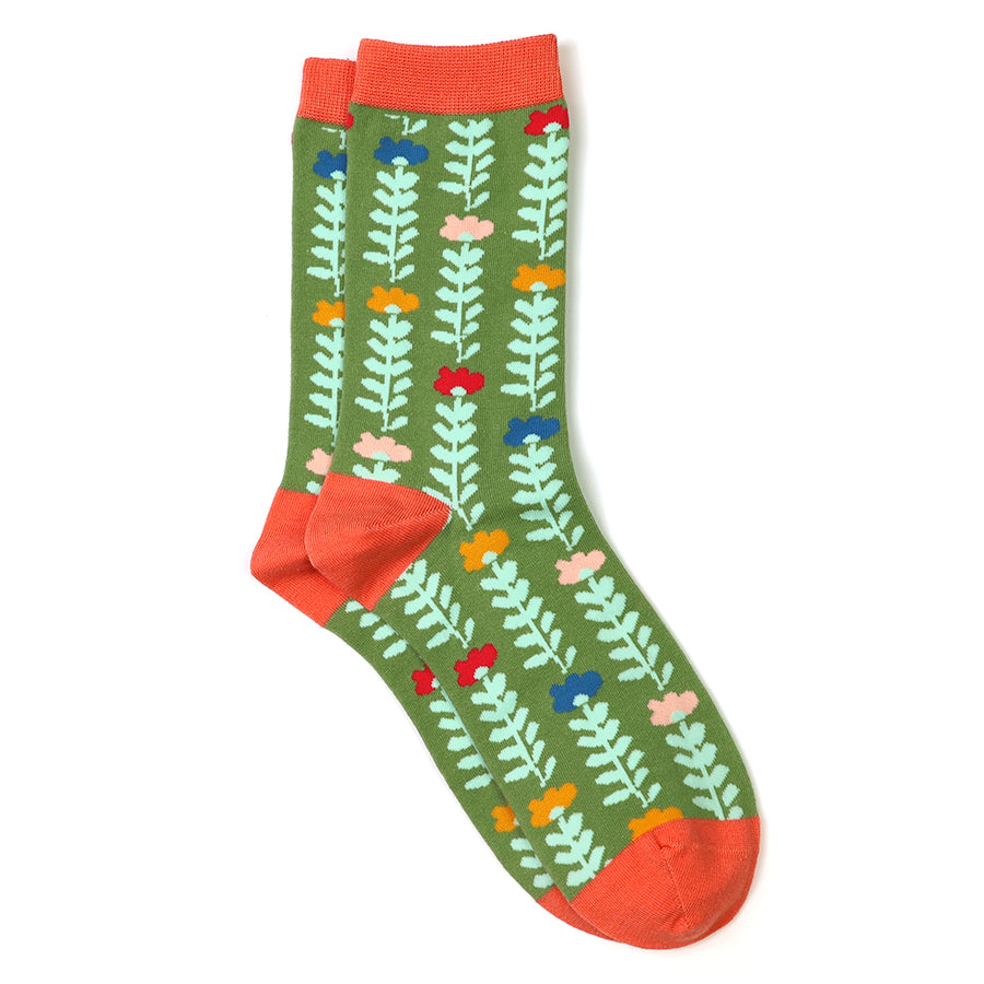 Olive|Coral Mix Floral Vines Ankle Socks